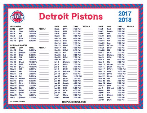 Printable Detroit Pistons Schedule